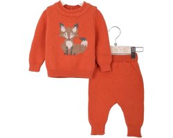 Minora Newborn Baby Kleding Set - Jongens en Meisjes - Winterbroek en trui- 3/6 Maanden- Kraamcadeau - Babyshower-Newborn tweedelige gestreepte set met vos -Orange