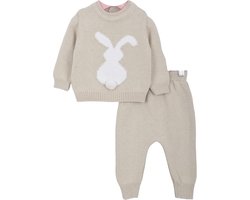 Minora Newborn Baby Kleding Set - Jongens en Meisjes - Winterbroek en trui- 6/9 Maanden- Kraamcadeau - Babyshower-Newborn tweedelige gestreepte set met konijn -Beige-Sinterklaas cadeautjes