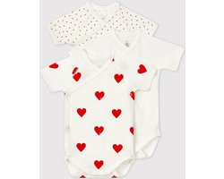 Petit Bateau Set van 3 katoenen body's met korte mouwen en hartje van katoen Unisex Rompertje - Rood - Maat 44