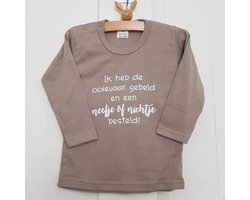 Shirt Aankondiging zwangerschap ik heb de ooievaar gebeld en een nichtje of neefje besteld | lange mouw | zand | maat 56 | in wording zwangerschap aankondiging bekendmaking Baby