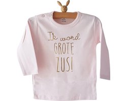 Shirt  Aankondiging zwangerschap Ik word grote zus | lange mouw | roze met goud | maat 86 zwangerschap aankondiging bekendmaking Baby big sis sister