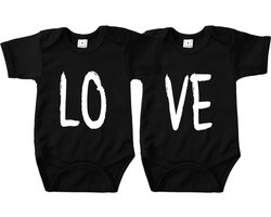 Tweeling - LOVE - Romper Zwart - Maat 56 - Tweeling Cadeau - Tweeling Romper - Tweeling Cadeautje Baby