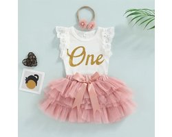 Verjaardag Jurk 1 jaar Baby - kort - Birthday Dress - Maat: 80/86 - Eerste Verjaardag - Romper & Tutu Rok - Verjaardagsjurk - Jurk voor Eerste Verjaardag - Baby 1 Jaar Jurk - Feestjurk - Kleur: Roze & Goud - Hoera 1 Jaar! - Verjaardag Jurk Dochter