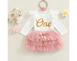 Verjaardag Outfit Baby 1 Jaar - Lang - Birthday Dress - Maat: 80/86 - Eerste Verjaardag - Romper & Tutu Rok - Verjaardagsjurk - Jurk voor Eerste Verjaardag - Baby 1 Jaar Jurk - Feestjurk - Kleur: Roze & Goud - Hoera 1 Jaar! - Verjaardag Jurk Dochter