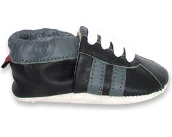 Aapie babyslofjes - Sneaker zwart grijs - slofjes voor baby, dreumes - leer - antislip - eerste loopschoentjes - maat L