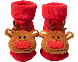 Babyslofjes Kerst - Rood met Rendieren - maat 0 tot 12 maanden - Baby Sokjes met antislip