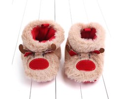 Babyslofjes | Rendier | Beige | Rood | 0-6 maanden | 11 CM | Antislip | Pluche voering | Babyslofjes | Kerstslofjes | sloffen | Merry Christmas | Kerst | Winter Sloffen | Babyschoenen | Babyschoentjes | Unisex | Meisjes/Jongens | Kraamcadeau