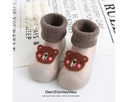 Fleece anti-slip babyschoentjes - Soksloffen - Eerste loopschoentjes van Baby-Slofje - Bruin beer maat 18/19