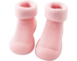 Fleece anti-slip babyschoentjes - Soksloffen - Eerste loopschoentjes van Baby-Slofje - Effen roze - maat 20/21