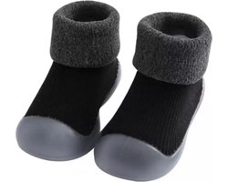 Fleece anti-slip schoentjes - Sok sloffen - Eerste loopschoentjes van Baby-Slofje - Effen zwart - Maat 18/19