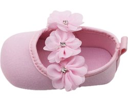 Katoenen Baby Schoenen - Inclusief Hoofdband - Baby Slippers - Slofjes - Met anti- Slip Zool - Met Stoffen Bloemetjes - Ademend - Lichtgewicht - Maat 17 - Roze