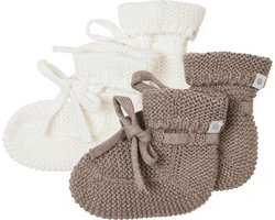 Noppies - Geschenkverpakking - Gebreide slofjes Nelson - 2paar - Baby 0-12mnd - Biologische katoen - Giftset - Cadeaudoosje - Newborn - Kraamcadeau - Babyshower - Sint - White - Taupe Melange