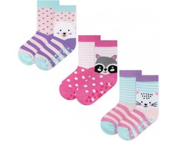 3 Paar Meisjes Babysokken - Antislip - Diertjes - Lichtroze/Fuchsia - Maat 22-24