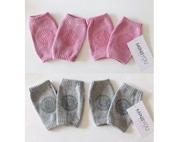 4 Paar - Knie beschermers Roze - Lichtgrijs - anti slip sokken kruipbeschermers baby meisje