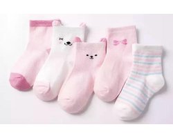 5 paar New born Baby sokken - set babysokjes - 0-6 maanden - Roze Beren sokken - Babysokken - Multipack - Dierensokken - Kraamcadeau voor Jongen of Meisje - Babyshower Cadeau - Kraammand