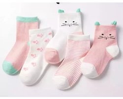 5 paar New born Baby sokken - set babysokjes - 0-6 maanden - Roze Katten sokken - Babysokken - Multipack - Dierensokken - Kraamcadeau voor Jongen of Meisje - Babyshower Cadeau - Kraammand