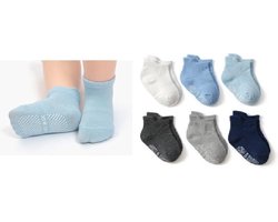 6 paar - Stevige Antislip sokken effen blauw grijs (1-3 jaar) - jongens baby en dreumes enkelsokjes anti slip - Maat 21-24