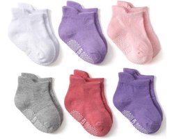 6 paar - Stevige Antislip sokken effen roze grijs paars  (1-3 jaar) - meisjes baby en dreumes enkelsokjes anti slip - Maat 21-24