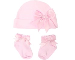 Baby Geschenkset - Muts & Sokjes met Strik - Roze - 3 mnd