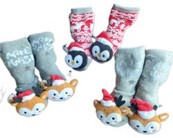 Baby - Kerstsokken - Set van 3 paar - Huissokken - Unisex - kinderen - Warme wintersokken - Anti-slip - Kleur Meerkleurig - Maat 92-98 - 12 t/m 18 maanden - Kerst - Cadeau