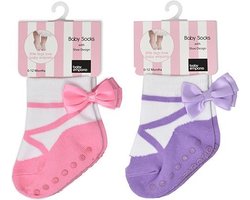 Ballerina roze en lavendel sokjes voor baby meisje 0-12 maanden. Satijnen strikjes-Anti slip zooltjes-Kraamcadeau-Baby shower