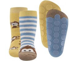 Ewers Anti slip sokken set van 2 paar aapjes - blauw/geel - maat 18-19