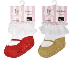 Goud en Rode Glitter baby meisje sokjes met organza-0-12 maanden-Anti slip zooltjes-Kraam cadeau-Baby shower