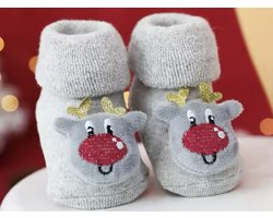 Kerstthema babysokken - Winterthema sokken - Kerstsokken - Rendier - Grijs - Baby Sokken - New born sokken - Kraamcadeau voor Jongen of Meisje - Babyshower Cadeau - Kraammand