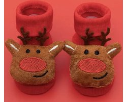 Kerstthema babysokken - Winterthema sokken - Kerstsokken - Rendier - Rood - Baby Sokken - New born sokken - Kraamcadeau voor Jongen of Meisje - Babyshower Cadeau - Kraammand