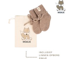 Moalie ®- Baby - Pasgeboren - jongen - meisje - Babyslofjes - babysokken - Merino wol - camel - wollen sokken - linnen opbergzakje -kraamcadeau