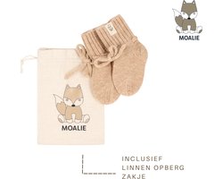 Moalie ®- Baby - Pasgeboren - meisje - jongen - Babyslofjes - babysokken - Merino wol - beige - wollen sokken - linnen opbergzakje -kraamcadeau