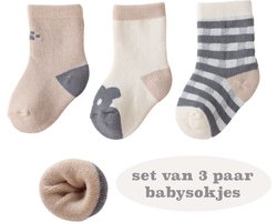 Set van 3 paar babysokjes grijs-lichtbruin - 0-6 maanden - fleece - warme sokjes - kraamcadeau