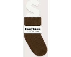 Sticky socks - babysokjes die niet afzakken -6-12+ M - Browny - 100% biologisch katoen - antislipzone - Nederlands design