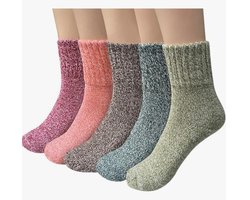 Damessokken van wol, warme en comfortabele dikke sokken, geschikt voor de winter, 5 stuks, 1-roze, donkerrood, lichtgroen, donkergroen, paars, 35/40 EU