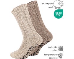 Noorse Dikke Wollen Sokken met antislip - Set van 2 paar - Beige & Bruin - maat 39-42 - Huissokken Dames/Heren/Dikke Wintersokken/Hygge