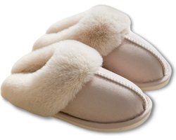 Pantoffels Dames en Heren Fluffy Open Sloffen met Pluche Voering Antislip Zool - Beige - Maat 42/43