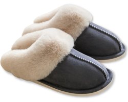 Pantoffels Dames en Heren Fluffy Open Sloffen met Pluche Voering Antislip Zool – Heavency ® - Antraciet - Maat 42/43