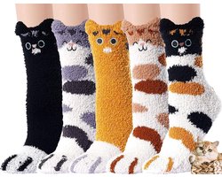 Warme Winter Sokken Dames - Set Van 5 Paar - Dames Pluche Sokken - Sokken Dames - Huissokken - Slaapsokken - Fluffy Sokken - Kat Klauw - Schattige Dierensokken - Verjaardag - Moederdag - Geschenk Vrouw - Dikke, Verwarmende Kwaliteit - Kerstcadeau