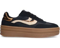 Manfield - Dames - Zwarte leren sneakers met suède details - Maat 42