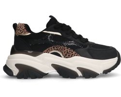 Sacha - Dames - Zwarte sneakers met leopard print - Maat 38