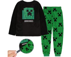 Minecraft Creeper fleece pyjama voor jongens, warm, lange mouwen, zwart en groen