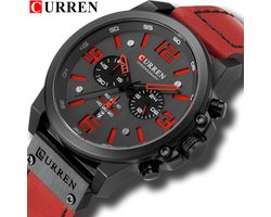 CURREN Horloge voor Mannen/Heren - Lederen Band - Jongens Horloges - Rood/Zwart - Ø 47 mm