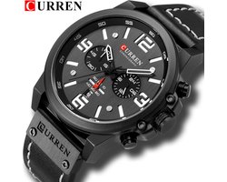 CURREN Horloge voor Mannen/Heren - Lederen Band - Jongens Horloges - Zwart/Grijs - Ø 47 mm