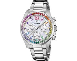 Festina F20606/2 Dames Horloge - Chronograaf - Mineraalglas - Roestvrijstaal/Staal - Zilverkleurig - Ø 38 mm - Quartz - Vouw/Vlindersluiting