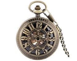 GWS Zakhorloge Mechanisch Skeleton Brons – Met ketting - Mechanisch Steampunk Zakhorloge met handmatige opwinding