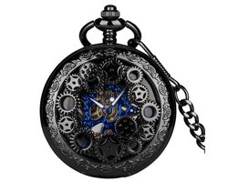 GWS Zakhorloge Zwart Mechanisch Vintage – Met ketting - Mechanisch Zakhorloge met handmatige opwinding - Blauwe wijzers