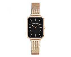 Hannah Martin Rechthoekig Horloge | Rose Goudkleurig | Zwarte Plaat | Dames Horloges |