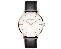 Hannah Martin Unisex Horloge | Zwart Lederen Polsband | Rose Goudkleurig Horlogekast | Wit Wijzerplaat |