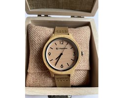 Hipperboo® Bamboe Horloge - Dames - Polshorloge - Lichtbruin Eco-Leer - Dameshorloge - Met Opbergbox - Met Extra Bandje