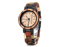 HO23-A22.3 - donker houten horloge, houten schakelband, beige wijzerplaat, dag en datum, horlogesluiting ** KADO edelsteen armband